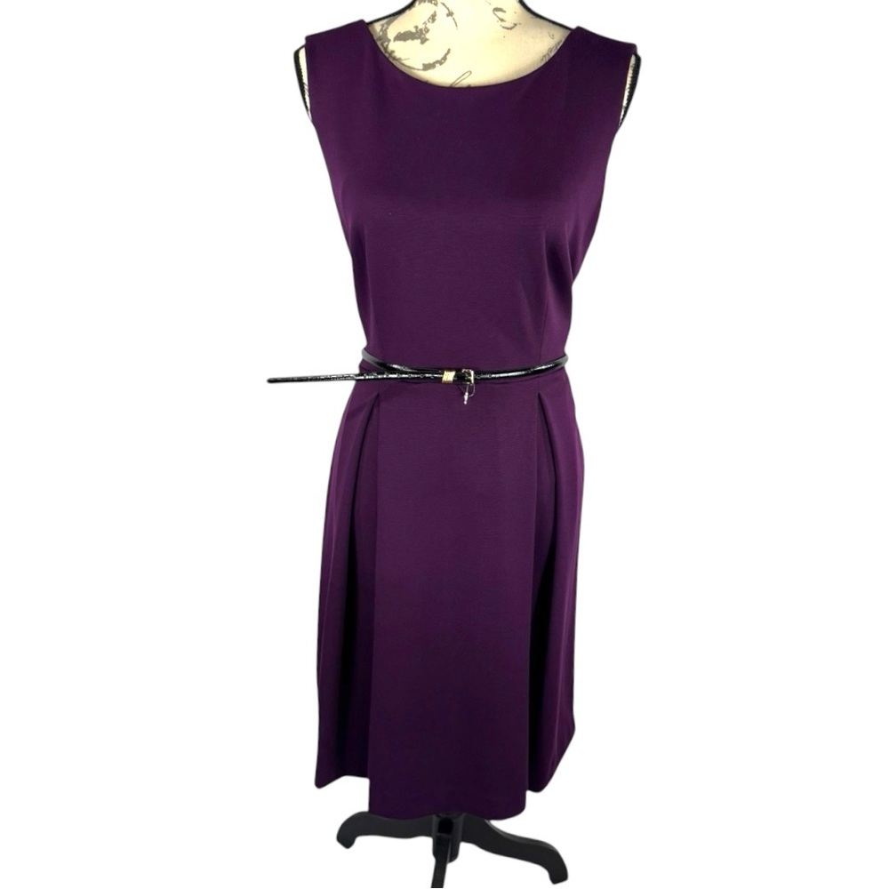 NWT Calvin Klein Womens A-Line Sleeveless Belted Midi Dress Purple